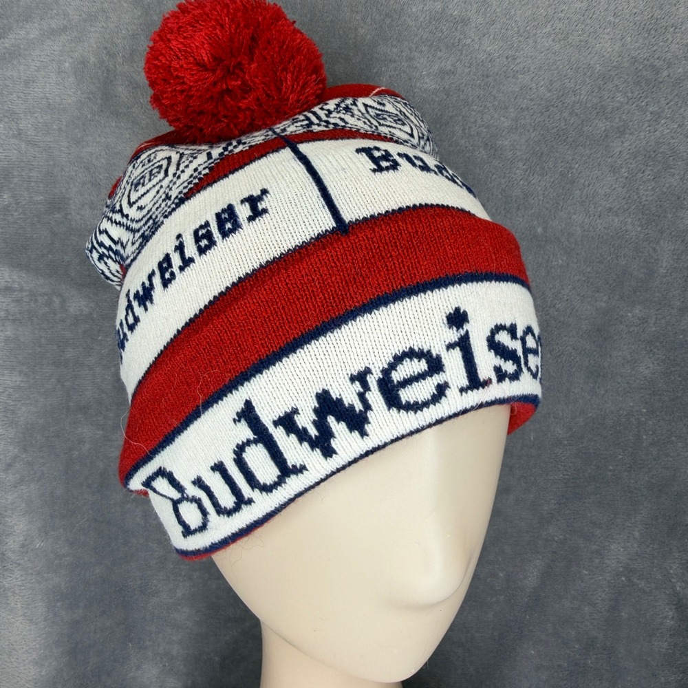 Shinesty‎ Budweiser Beanie Unisex OS Red White Blue Knit Pom Pom Winter Hat Beer